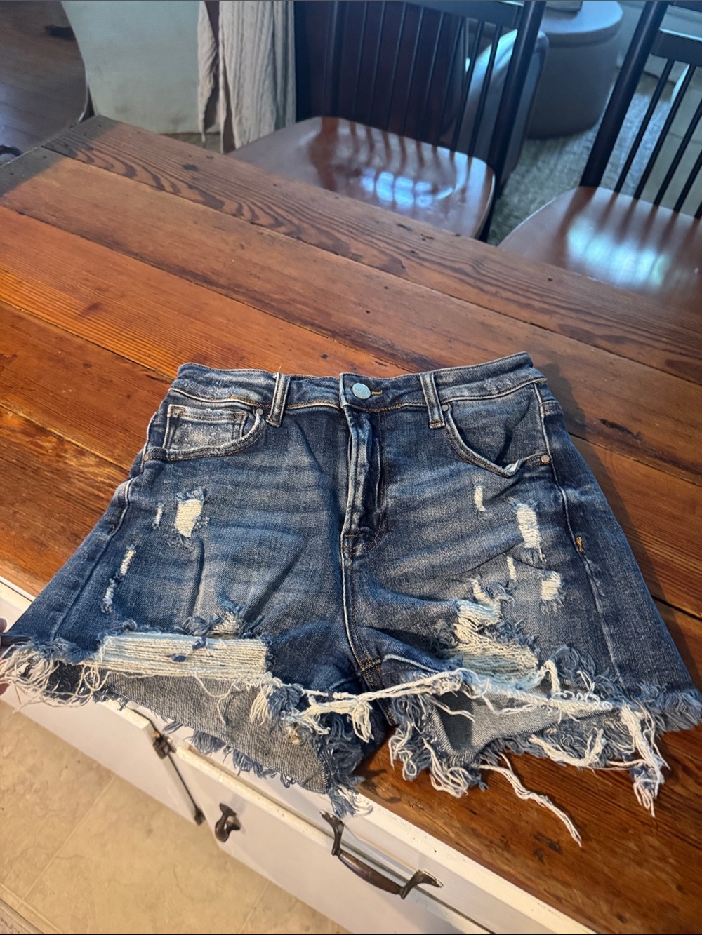 Distressed High-Rise Denim Shorts - Blue